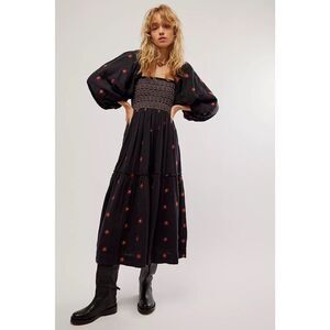 New Free People Dahlia Embroidered Maxi Dress Gauzy Smocked Floral Black Small